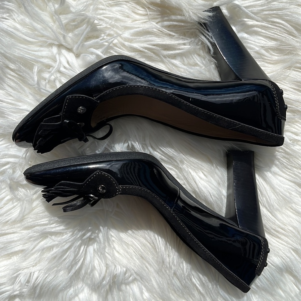 Tod’s Black Patent Leather/Suede Fringe Loafer Pumps Heels - Picture 16 of 16